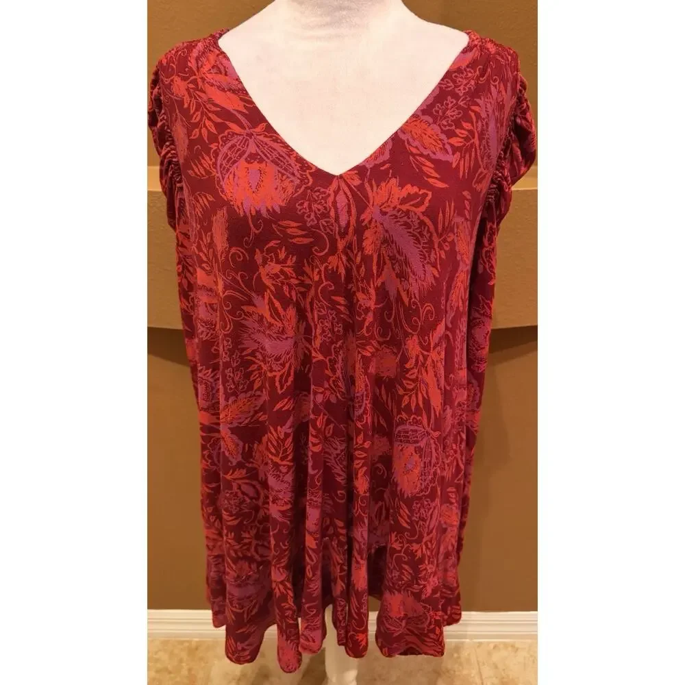Free People Hello Lover Tunic Top Womens S Red Floral Long Sleeve Puff Shoulder